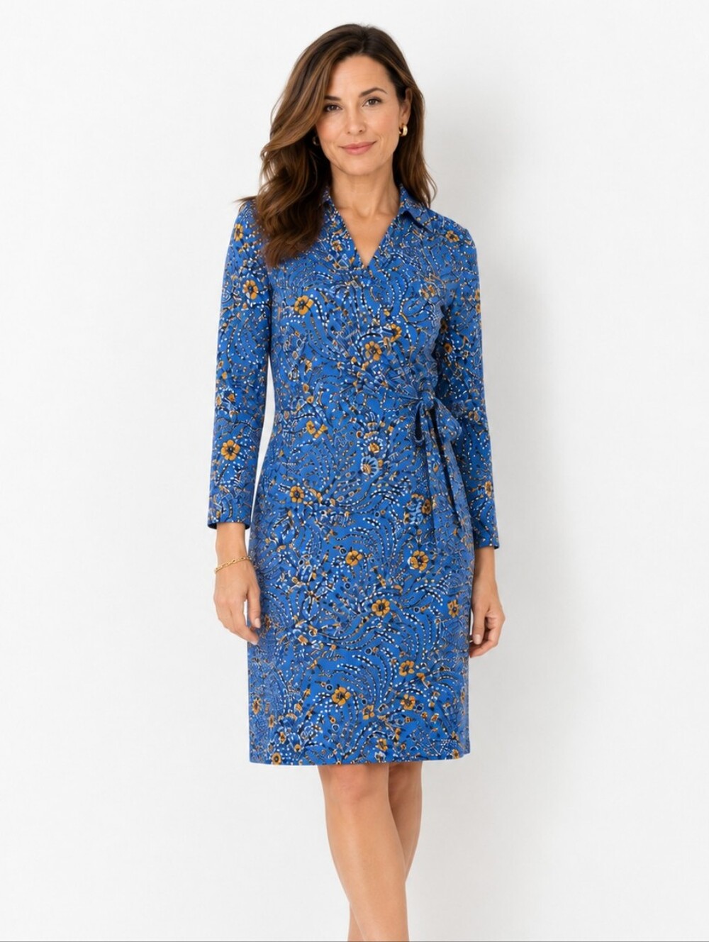 Talbots Effortless Jersey Kelley Faux Wrap Dress Lush Floral Blue Ivory Size L